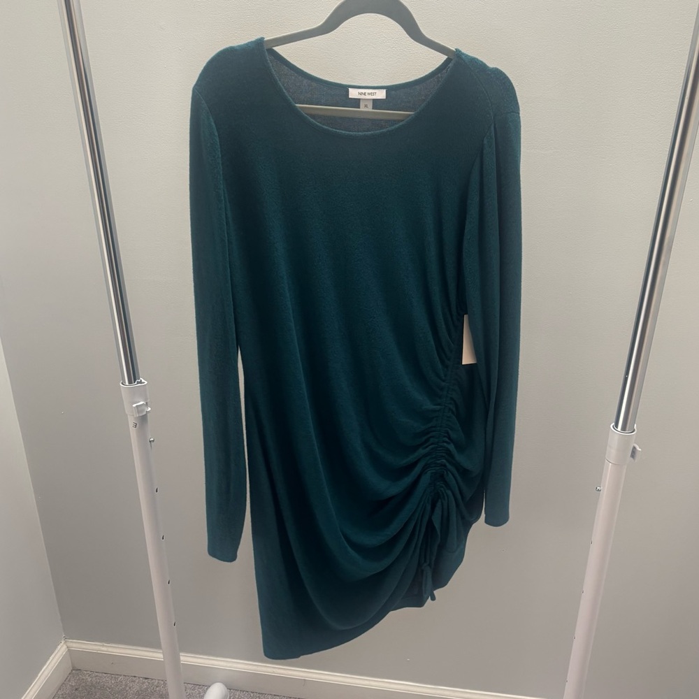 Nine West Teal Asymmetrical Ruched Long Sleeve Dress